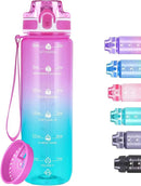 32oz Motivational Water Bottles with Time Marker & Fruit Strainer, Transparent Gradient Color Water Bottle with Times to Drink, Leakproof & BPA Free, Reusable Bottle with Strap (No Straw) by CozyNest Decor