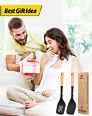 Pack of 2 Large Silicone Spatula, Heat Resistant Solid Turner, Non Stick Slotted Spatulas with Wooden Handle, Ideal Kitchen Utensils for Flipping, Pancakes, Eggs, Fish(BLACK) by CozyNest Decor