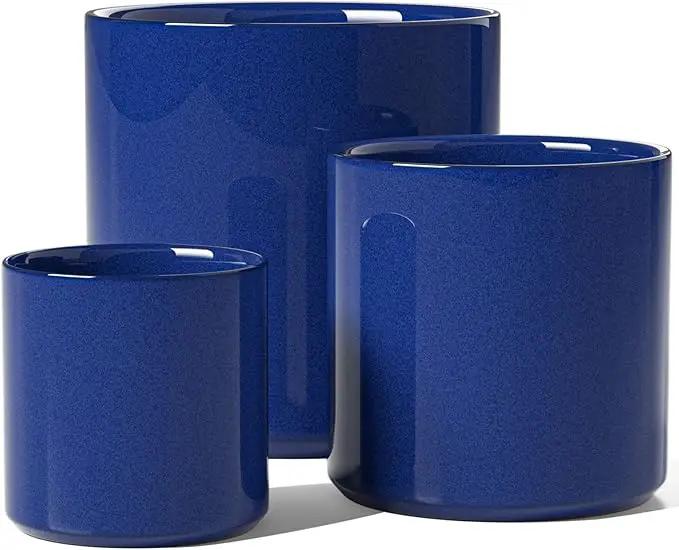 LE TAUCI Ceramic Plant Pots Indoor, 10+8+6 Inch Planters for Indoor Plants, Mid-Century Modern Flower Pots with Drainage Hole and Plug, Cylinder Round Planters, Set of 3, Sapphire Blue