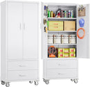 Upgraded Metal Garage Storage Cabinet with Wheels and 2 Drawers, Rolling Tool Cabinet with 3 Shelves and Pegboard Behind The Door for Home Office Garage,Assembly Required,White by GreenHaven Gardens