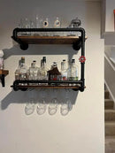 Wine Rack Wall Mounted 2 Tier, Hanging Floating Small Mini Bar Liquor Shelves with Glass Holder Storage Under, Industrial Rustic Pipe Farmhouse Kitchen Decor Black(23.6x10.6x19.7) by CozyNest Decor