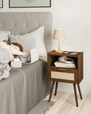 Rattan Nightstand,Modern Bedside Table with Storage Drawer and Open Wood Shelf, for Living Room, Bedroom and Small Spaces, Accent Night Stand with Solid Wood Legs, Easy Assembly,Walnut Brown by CozyNest Decor