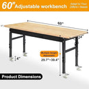 60" Adjustable Work Bench, Rubber Wood Top Workbench Heavy-Duty Work Table with Power Outlet with Wheels, 2000 LBS Load Capacity Hardwood Work Benches for Garage, Workshop, Home, Office, Easy Assembly by GreenHaven Gardens