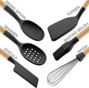 Country Kitchen Non Stick Silicone Utensil Set with Rounded Wood Handles for Cooking and Baking, 6 Piece Set, Black by CozyNest Decor