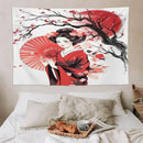 Japanese Red Geisha Tapestry Asian Cherry Blossom Traditional Kimono Folk Tapestries Home Decor for Living Room Bedroom Apartment Farmhouse Dorm 90"x60" by CozyNest Decor