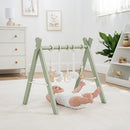 Comfy Cubs Wooden Baby Play Gym - Natural Finish Pinewood Baby Activity Gym with 5 Sensory Hanging Toys - Easy No-Tool Assembly, Safe and Durable for Infant Motor and Visual Development - Sage by TinyTreasures Baby Boutique