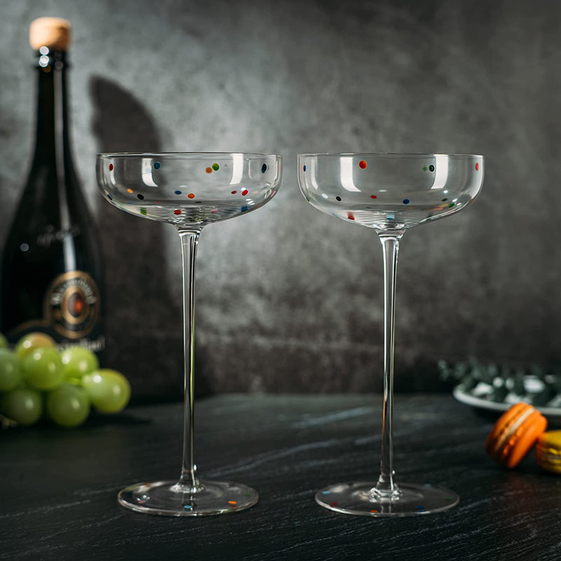 Polka Dot Champagne Coupe Glasses Set of 2 8.8 oz by The Wine Savant - Polka Dot Rainbow Colored Glasses, Cocktail Glassware, Polka Dot Gifts Damien Hirst, Gift Idea For Everyday, Weddings, Parties