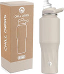 Chill Oasis Water Bottle | Compatible With Popular Flavor Cartridges | BPA Free, Leak Proof, Double-Walled Vacuum Insulated Stainless Steel, and Dishwasher Safe | Cold for 24 Hours (Beige, 32oz) by CozyNest Decor