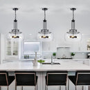 WUZUPS Chandelier Rustic Farmhouse Industrial Round Ceiling Pendant LED Light Fixture Clear Seeded Glass Shade for Dining Room Kitchen Island Foyer Entryway, H 20.9" x W 15.9", Black by CozyNest Decor