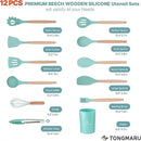 Silicone Cooking Utensils Set, Premium Beech Wood Handle Kitchen Gadgets Utensil Set, Non-Stick Kitchen Utensils Spatula, Tongs, Turner, Whisk, Brush, Spoon, BPA FREE, 446°F Resistant (Mint) by CozyNest Decor