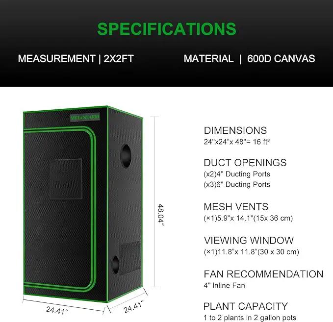 MELONFARM 2x2 Grow Tent, 24"x24"x48'' High Reflective 600D Diamond Mylar Canvas with Observation Window and Floor Tray for Hydroponic Indoor Plant Growing, photo 7 of 9