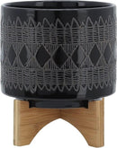 Sagebrook Home Black and Gray Aztec Design Ceramic Planter with Solid Rubberwood Stand for Tabletop Display in Living Room, Bedroom, or Office by GreenHaven Gardens