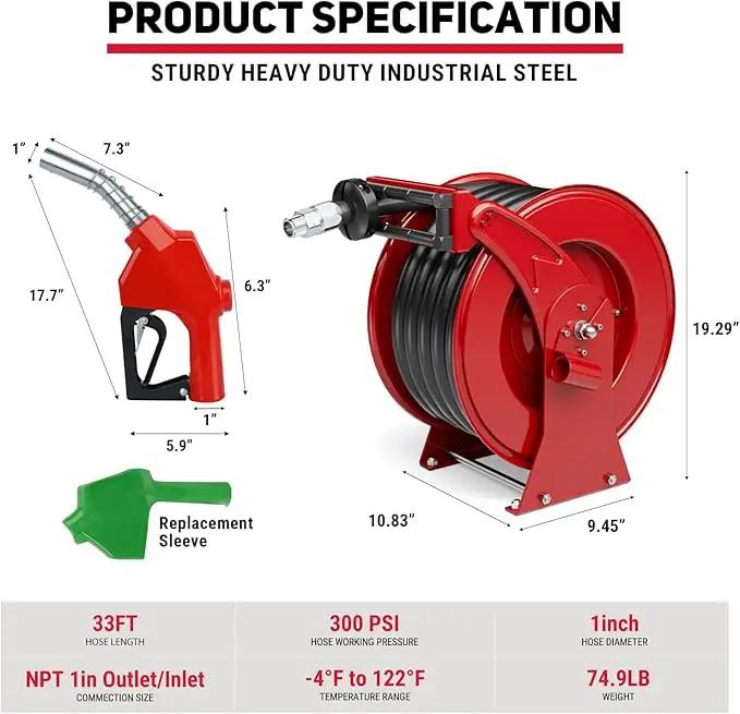 Fuel Hose Reel, 1" x 33' Retractable Diesel Fuel Heavy-duty Steel Construction with Refueling Nozzle, 300 PSI Diesel Reel Used for Aircraft Ship Vehicle Tanker Truck, photo 6 of 7