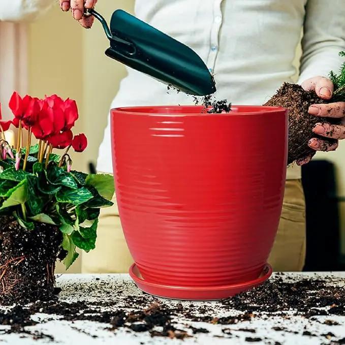 Ceramic Pot for Plants 12 Inch - Plant Pot Indoor with Drainage Hole and Saucer Round Large Planter for Outdoor Plants Mid Century Modern Flower Pot for Home Decor Red, photo 4 of 7