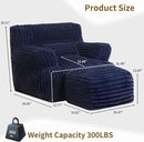 Comfy Gaint Bean Bag Chair with Ottoman, Fluffy Huge Bean Bag Armchair for Adults and Teens, Dark Blue by CozyNest Decor