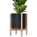D'vine Dev Planter Pot with Stand - 12 Inch Plastic Cylinder Flower Pot with Wood Planter Holder for Indoor, Matte Black Pot + Natural Stand, 55-C-P-2 by GreenHaven Gardens