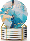 6 Pcs Light Blue Marble Abstract Ceramic Coasters with Holder Best Round Drink Absorbent Coasters for Desk, Lounge, Coffee, Wine, Beverage, Dining Table Decor, Bar Coaster Set by CozyNest Decor