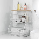 Wetheny 2 Tier Stackable Wall Mounted Wire Basket Fruit Basket with Wood Lid - Kitchen Pantry Organization and Storage, Hanging Storage Basket for fruits, Onion, Potato, Produce, Vegetable (White) by CozyNest Decor