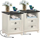 18" Farmhouse Night Stands Set of 2 with Charging Station, 2 Drawers End Table Dresser for Bedroom， Wooden Nightstand, Bed Side Table with Open Shelf, Bedside Cabinet for Living Room（White） by CozyNest Decor