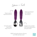 Bumkins Toddler Utensils, Kids Size Fork and Spoon Set, Silicone and Stainless-Steel Training Silverware, Angled Forks / Sporks for Self-Feeding, Children Hold Learning to Eat, 18 Months Up, Purple by TinyTreasures Baby Boutique