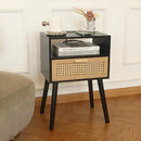 MaxSmeo Mid Century Modern Nightstand with Charging Station, Bedside Tables with Rattan Drawer, Small Wood Nightstand Side Table for Living Room,Bedroom (Black) by CozyNest Decor
