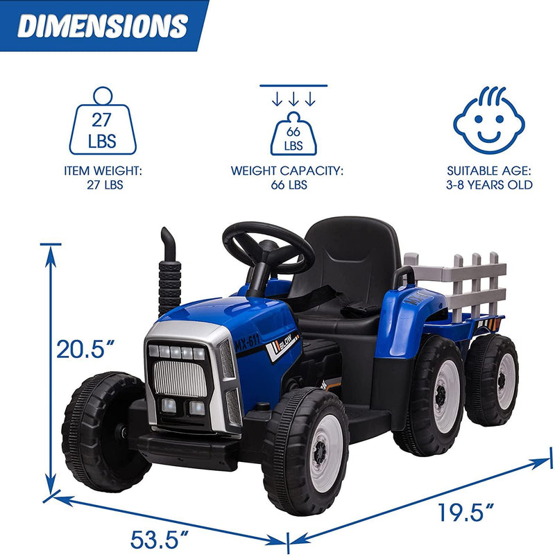 12V Kids Electric Tractor Battery Powered Ride on Toy with Detachable Large Trailer for Age 3+, Blue