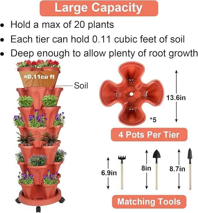 Vertical Planter 7 Tier Stackable Planters Garden Planters Strawberry Herb Flower and Vegetable Planter Indoor Outdoor Gardening Pots with Removable Wheels and Tools 2-Pack, photo 5 of 8