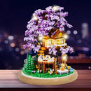 DIY Flower Building Toy Sets Miniature Cherry Blossom Tree House Building Kit, Purple & Yellow Sakura Flowers, Building Blocks Set for Adults & Girls - Bonsai Tree Model with Dust Cover