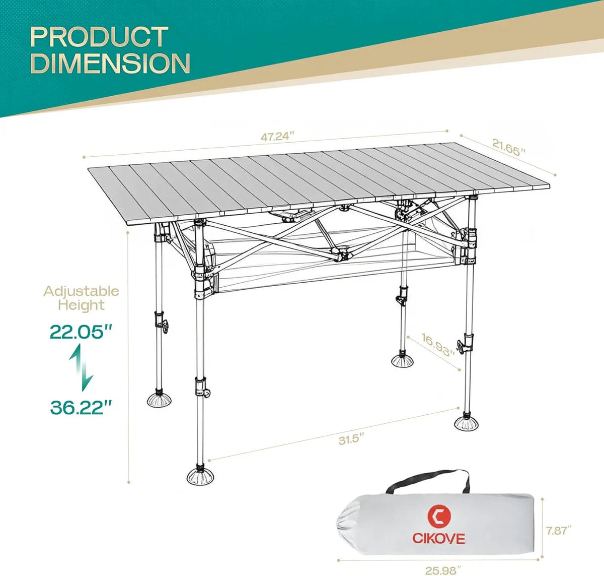 Height Adjustable Camping Table Tall Large Outdoor Folding Camping Table with Wide-Base Anti-Sink Legs & Carry Bag for Camping BBQ Beach Backyard (Black), photo 2 of 6