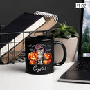 Personalized Halloween American Curl Ceramic Mug 11oz 15oz, Custom Name American Curl Wearing Witch Hat Coffee Cup, Cat with Pumpkins Halloween Black Cup, Spooky Cat Mug Gift for Pet Lover by TinyTreasures Baby Boutique