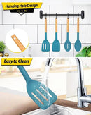 Pack of 4 Silicone Cooking Utensils Set, Non Stick Solid Spatulas and Heat Resistant Slotted Spoons with Wooden Handle, Ideal Wood Kitchen Utensils Set for Frying,Serving,Turning,Stirring (BLUE) by CozyNest Decor
