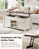 OKD 48" Farmhouse Lift Top Coffee Table with Sliding Barn Door,Rustic Center Table with Hidden Storage Compartment,Lifting Tabletop and Adjustable Shelf for Living Room,Office,Antique White by CozyNest Decor