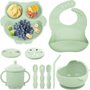 Baby Weaning Set, Silicone Feeding Set(10 Pcs), Toddler Set with Adjustable Bib, Suction Bowl, Plate, Fork, Spoon, Water & Snack Cup Kit, Led Kit for Babies, and Kids Green GJTZ-04 by TinyTreasures Baby Boutique