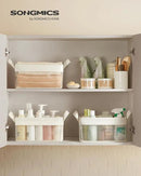 SONGMICS Storage Bins Set of 3, Small Fabric Storage Baskets, Foldable Organizer with Transparent Nylon Mesh, 11.8 x 7.9 x 5.9 Inches, Handles, for Bathroom, Kitchen, Cream White URFB915W01 by CozyNest Decor