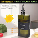 Glass Multi-Purpose Kitchen Dispenser Set | Universal for Olive Oil, Vinegar, Soy Sauce, and Syrup with Stainless Steel Pourers,2-Pack Dark Green,Avoid Sunlight by CozyNest Decor