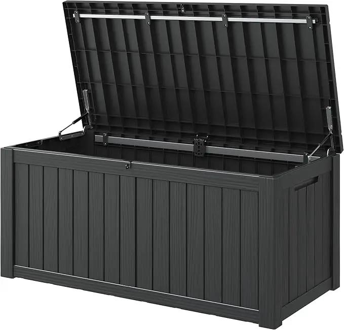 KAMABOKO Outdoor Storage Box, 120 Gallon Large Outdoor Resin Deck Box, Storage Waterproof Boxes Lockable Lid for Garden Tools, Pool Supplies, Patio Furniture and Cushions, Black