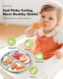 Stainless Steel Toddler Plate with Suction, 8” Divided Plates with Removable Silicone Sleeves for Baby, Non Toxic Unbreakable Kids Snack Dishes Set of 4, Sage Blue Beige Lilac by TinyTreasures Baby Boutique