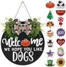 Interchangeable Wooden Seasonal Welcome Sign, Rustic Round Dogs Sign Front Door Wreaths for Home/Wall/Porch Decor, for Easter Spring Summer Fall Halloween Christmas All Season Decorations by CozyNest Decor