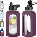 64 oz Glass Water Bottle With Straw and Handle, Half Gallon Sports Motivational Water Jug Flask with Silicone Sleeve, Large Water Cup with Time Marker for Travel, Gym, Dark Purple by CozyNest Decor