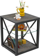 Farmhouse End Table, Modern Side Table with 3-Tier Storage Shelf, Square Rustic Nightstand, Accent Tea Table, for Bedroom Office Living Room, Grey, Natural Wood, Glass, Metal by CozyNest Decor