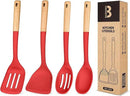 Silicone Cooking Utensils Set, Perfectly Angled for Frying, Mixing,Serving,Draining,Turning and Stirring, BPA-Free Matte Silicone, Wood Handles, Safe for Nonstick Cooking Surfaces,4 Pack (Red) by CozyNest Decor