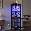 Corner Bar Cabinet with Power Outlet, 5-Tier Corner Wine Cabinet with Led Strip and Glass Holder, Industrial Tall Liquor Cabinet Bar Wine Rack for Home，Black by CozyNest Decor