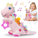 Baby Dino Plush Soft Stuffed Animal Toy for 0-3-6-12+ Months,Infant Musical Toy with Rattle,Squeaker,Sensory Crinkle,Teether & Textures,Tummy Time Toys Christmas Baby Gift for Newborn Girl(Pink) by TinyTreasures Baby Boutique