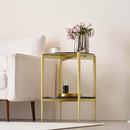 Round Glass End Table, Mid-Century Modern Design Sofa Table for Living Room, D18 x H23 in, 2-Tier Structure, Grey Glass Top and Black Marble Shelf, Sleek Conical Legs with Gold Finish Frame by CozyNest Decor