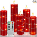 Red Flameless Candle with Remote Control LED Candle with String Lights Battery Powered Flameless Candle4'' 5'' 6'' 7'' 8'' Candles of 5 Pcs by CozyNest Decor