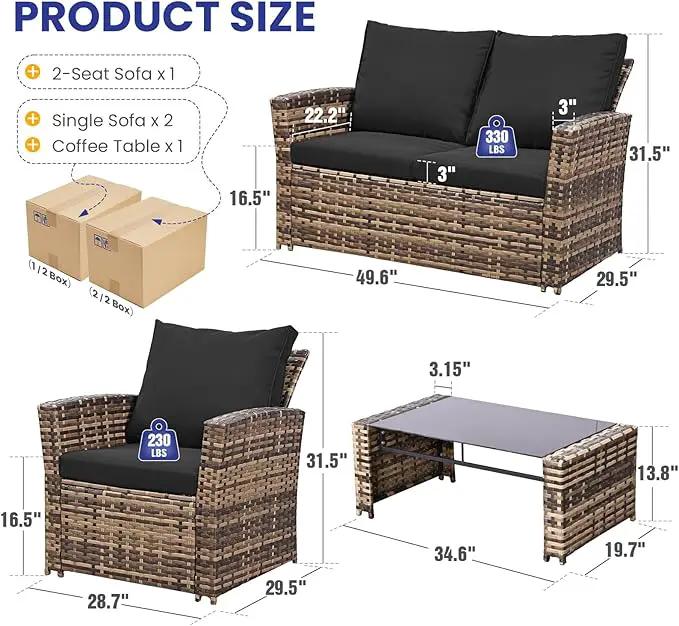 4 Piece Outdoor Patio Furniture Set,Wicker Conversation Sets Outdoor Sectional Patio Sofa Couch with Cushions & Coffee Table for Outside, Garden, Balcony, Porch,Yellow/Black, photo 4 of 8