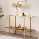 Extra Large Glass Console Table for Living Room, Foyer & Entrance, L47 x W16 x H31, Mid-Century Modern Sofa Table with Clear Glass Top, Walnut Finish Wood Top and Gold Finish Metal Frame by CozyNest Decor