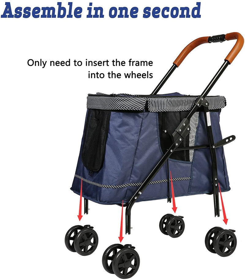 Foldable Large Pet Wagon Cat & Dog Stroller Travel Carriage, Navy