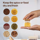 5oz Airtight Square Spice Containers with Bamboo Lid Set of 12 with Black Lables Storage Stackable Spice Jar, Kitchen Canister for Sugar, Tea, Flour, Salt and Seasonings (‎Clear Glass) by CozyNest Decor