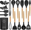 Silicone Cooking Utensils Set - Silicone Kitchen Utensils for Cooking Wooden Handles, 446°F Heat Resistant Kitchen Utensil Spatula Sets w Holder, Gadgets for Non-Stick Cookware BPA FREE (Black) by CozyNest Decor